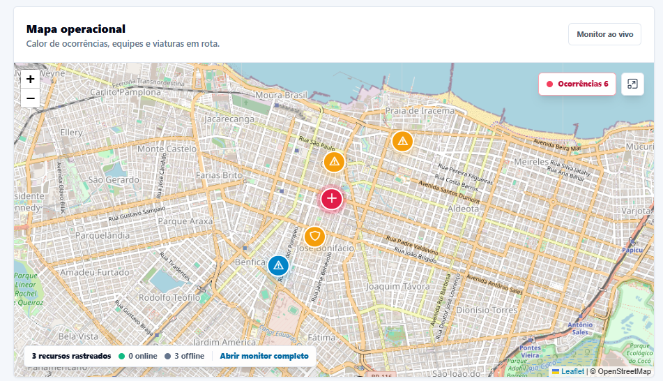 Mapa operacional SIGOP com ocorrências e recursos em campo