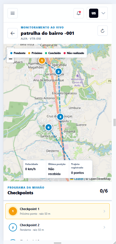 Tela do SIGOP APP monitorando uma missão em tempo real